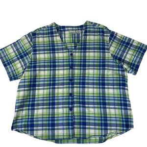 Carolina Colours Plus Plaid Button Up Shirt Women 24W Blue Green‎ Cotton SS